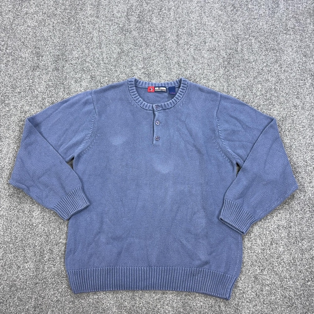 Reel Legends Sweater Mens XL Blue Henley Crewneck Cotton Knit Pullover Casual